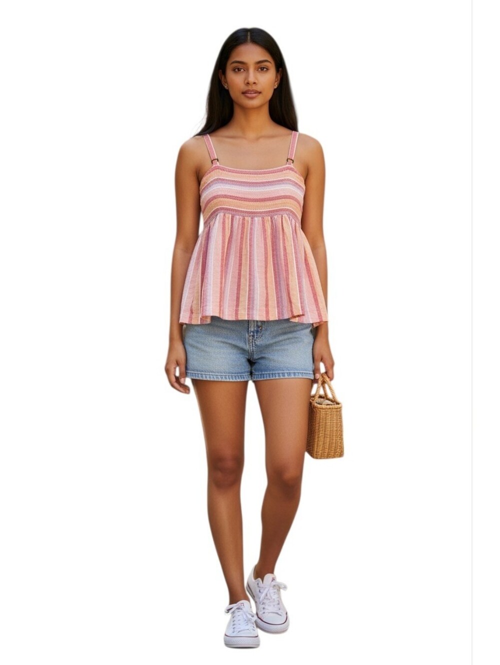 Farwest Striped Pink Peach Linen Blend Tank Top SZ L